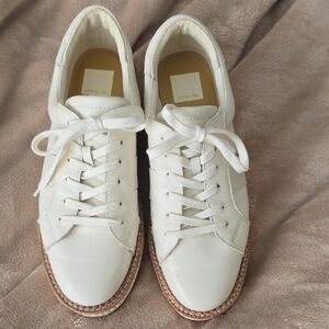 Dolce Vita Off White Leather Platform Lace-Up Sneakers with Tan Trim
